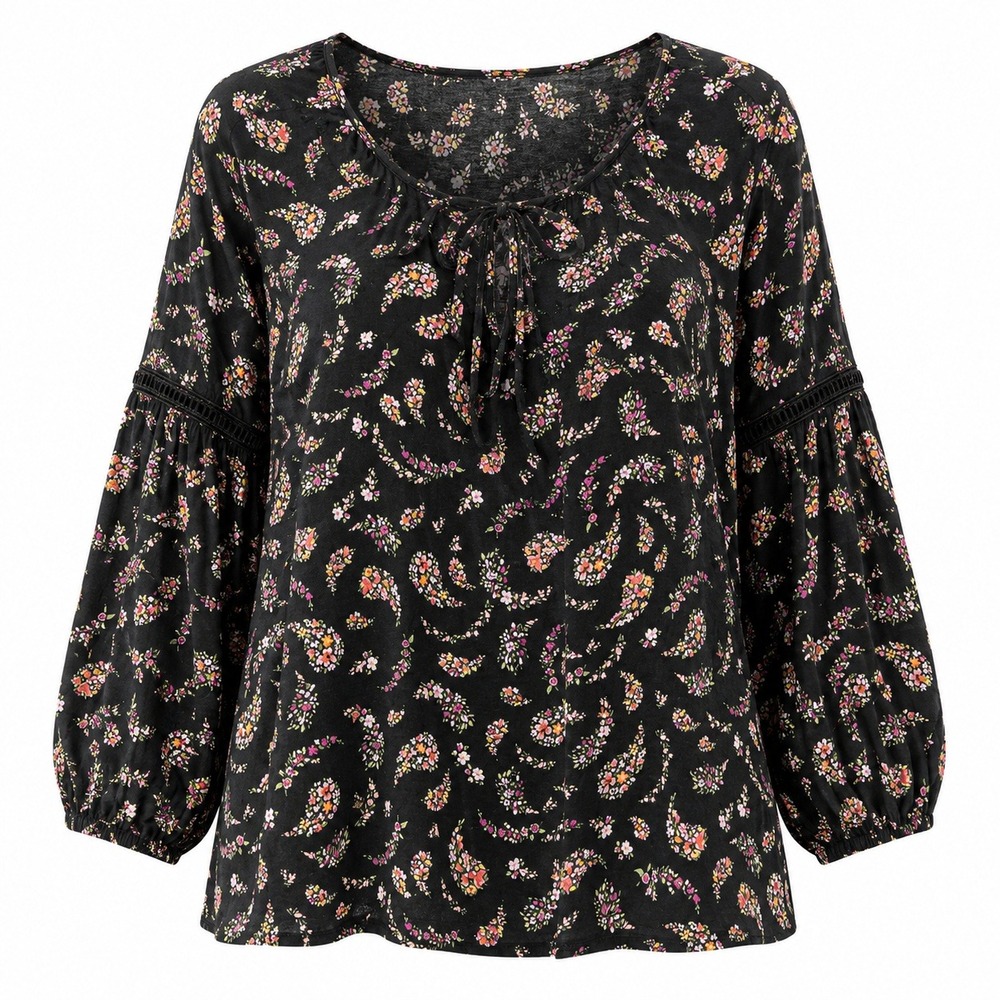Old Navy‎ Blouse Women XXL Black Paisley Floral Boho Peasant Balloon Sleeve Lace